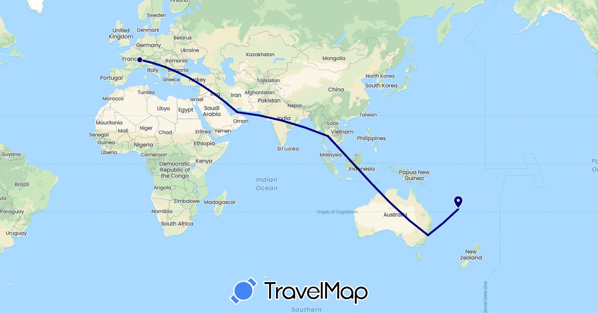 TravelMap itinerary: driving in United Arab Emirates, Australia, Switzerland, France, Thailand (Asia, Europe, Oceania)